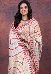 Off White Pure Tussar Kantha Silk Saree With Blouse Piece - Adi Akshoy & Co.