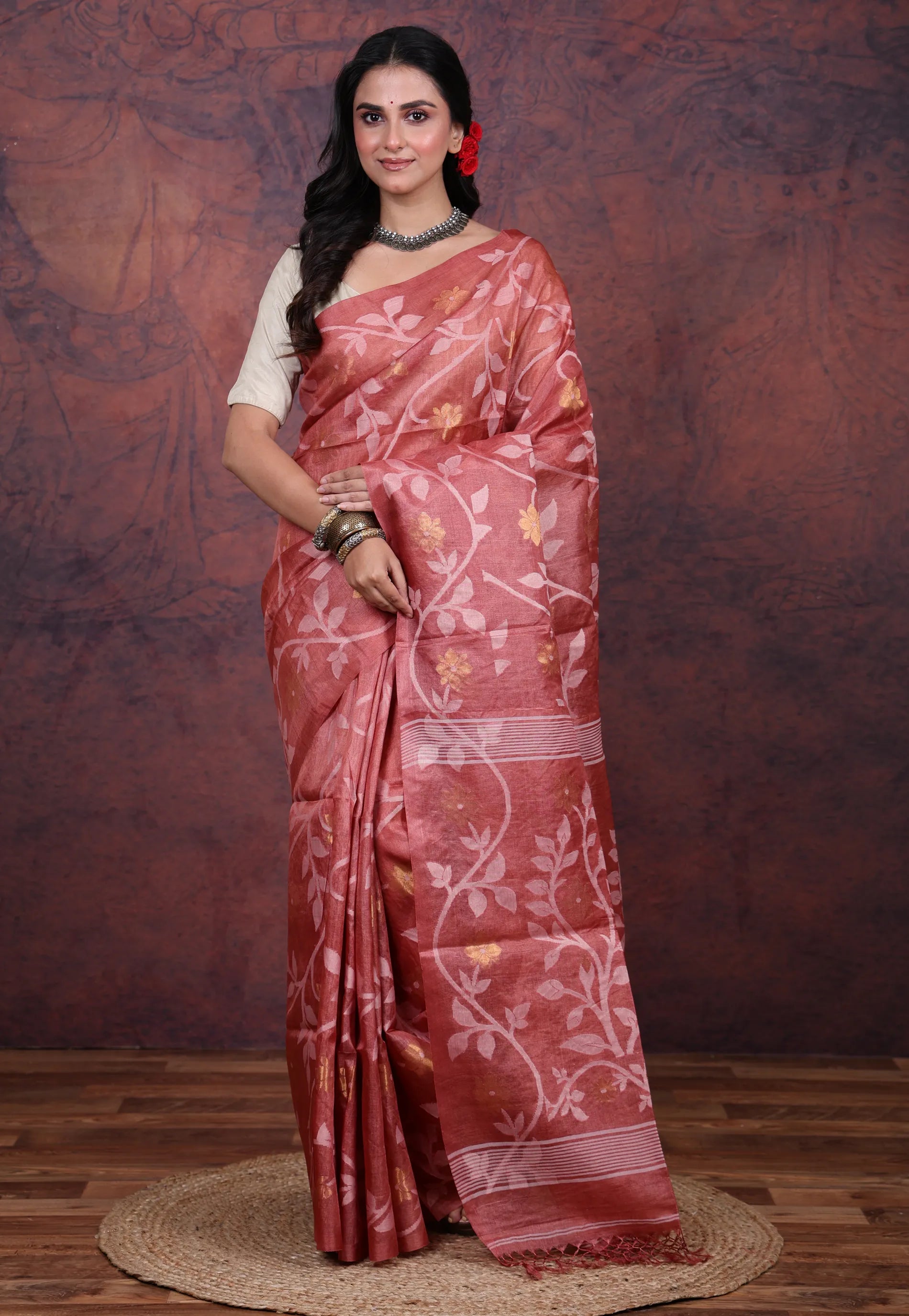 Maroon Pure Tussar Dhakai Jamdani Saree with Blouse Piece - Adi Akshoy & Co.