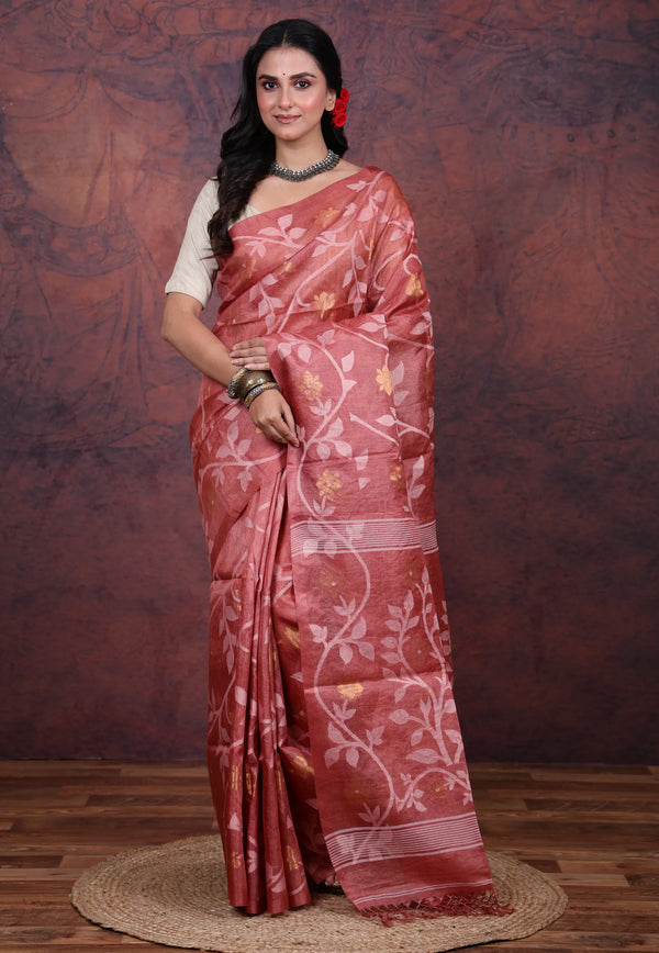 Maroon Pure Tussar Dhakai Jamdani Saree with Blouse Piece - Adi Akshoy & Co.