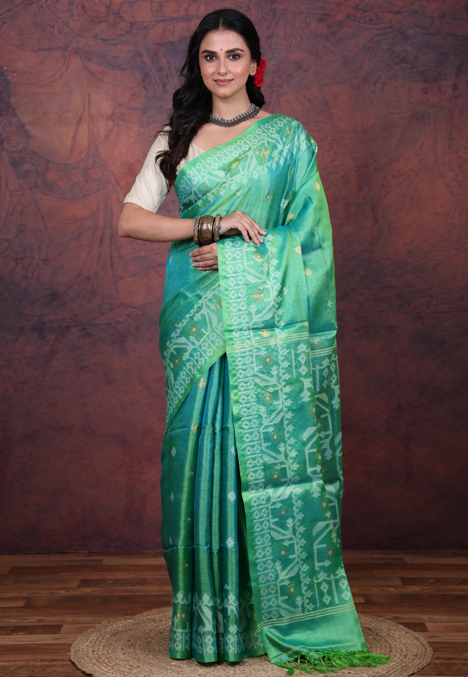 Turquoise Blue Pure Tussar Dhakai Jamdani Saree with Blouse Piece - Adi Akshoy & Co.