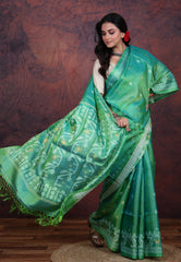 Turquoise Blue Pure Tussar Dhakai Jamdani Saree with Blouse Piece - Adi Akshoy & Co.