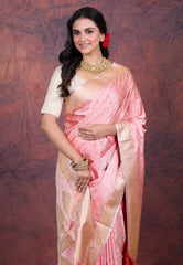 Pink Pastel Banarasi Saree With Blouse Piece - Adi Akshoy & Co.