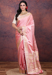 Pink Pastel Banarasi Saree With Blouse Piece - Adi Akshoy & Co.