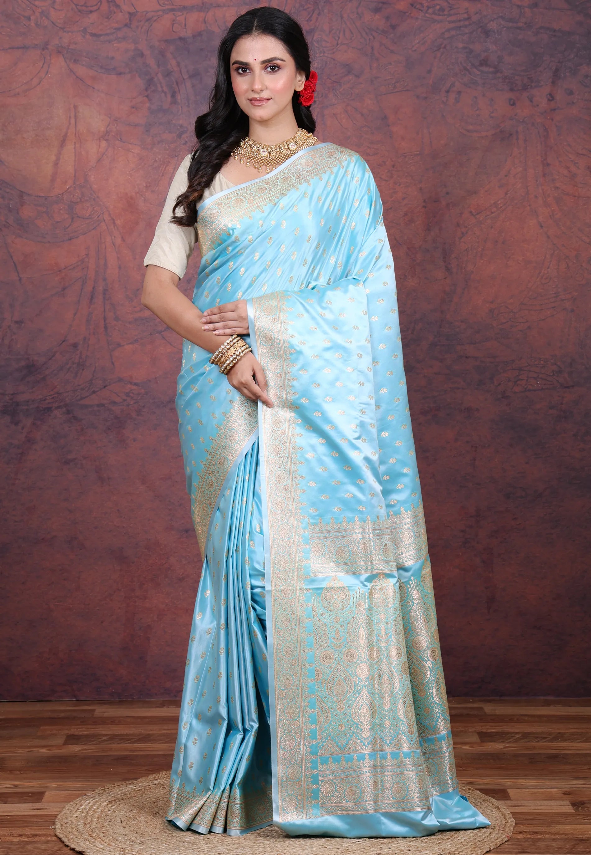 Sky Blue Pastel Banarasi Saree With Blouse Piece - Adi Akshoy & Co.