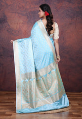Sky Blue Pastel Banarasi Saree With Blouse Piece - Adi Akshoy & Co.