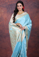 Sky Blue Pastel Banarasi Saree With Blouse Piece - Adi Akshoy & Co.