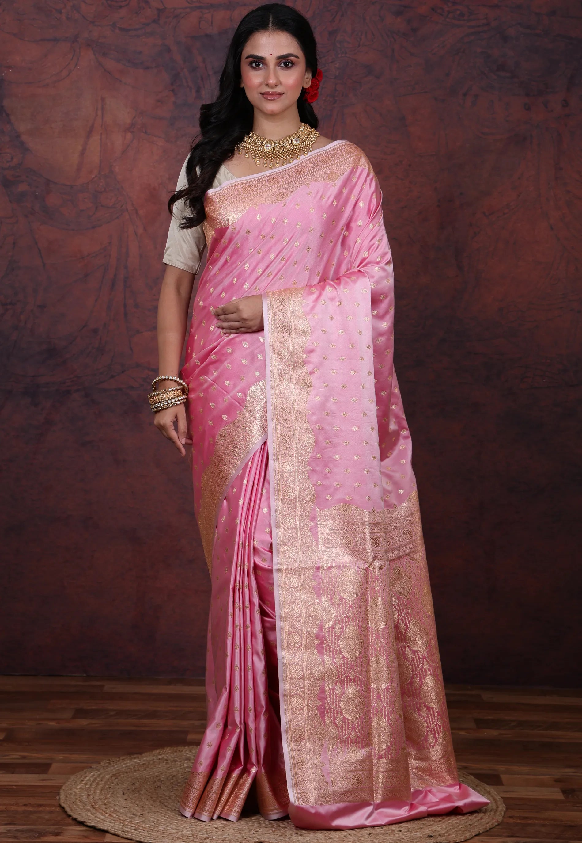 Pink Pastel Banarasi Saree With Blouse Piece - Adi Akshoy & Co.
