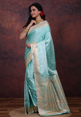 Sky Blue Pastel Banarasi Saree With Blouse Piece - Adi Akshoy & Co.