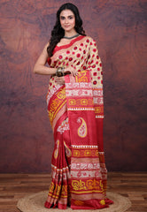 Red & White Pure Tussar Kantha Silk Saree With Blouse Piece - Adi Akshoy & Co.