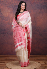 White Pure Tussar Dhakai Jamdani Saree with Blouse Piece - Adi Akshoy & Co.
