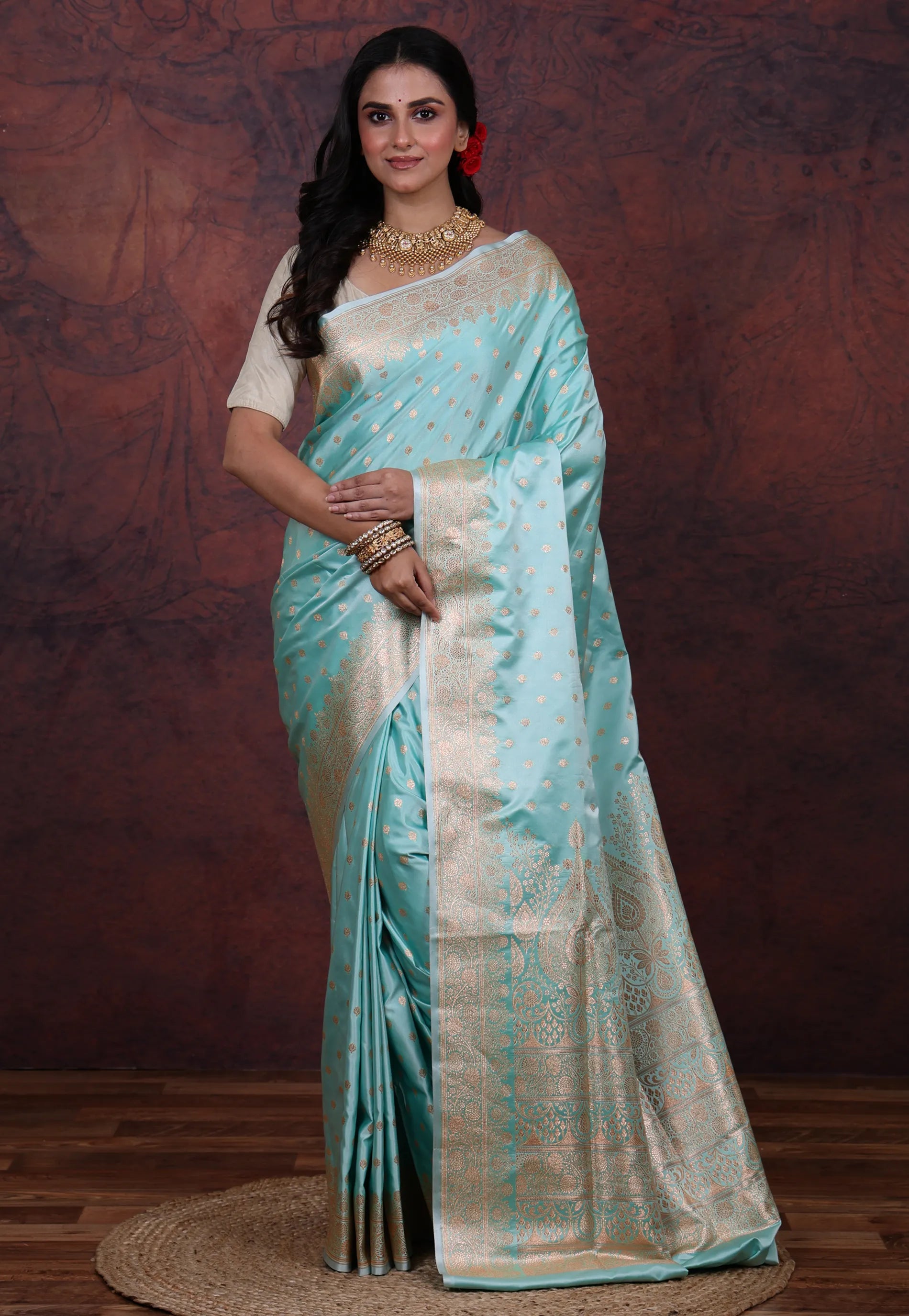 Sky Blue Pastel Banarasi Saree With Blouse Piece - Adi Akshoy & Co.