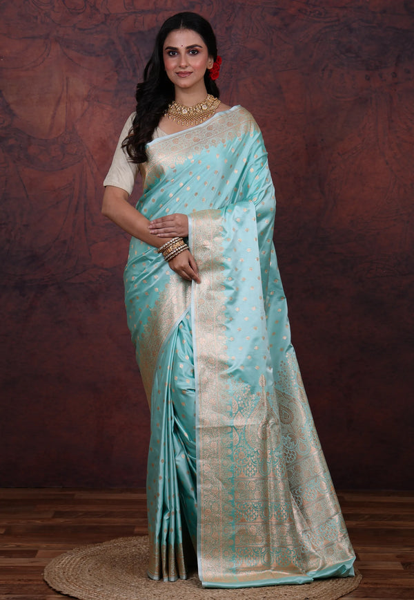 Sky Blue Pastel Banarasi Saree With Blouse Piece - Adi Akshoy & Co.