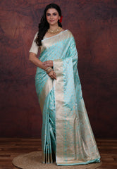 Sky Blue Pastel Banarasi Saree With Blouse Piece - Adi Akshoy & Co.