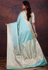 Sky Blue Pastel Banarasi Saree With Blouse Piece - Adi Akshoy & Co.
