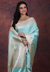 Sky Blue Pastel Banarasi Saree With Blouse Piece - Adi Akshoy & Co.