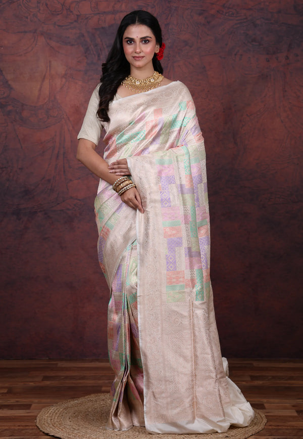 Multi Colour Pure Katan Rangkat Silk Saree With Blouse Piece - Adi Akshoy & Co.