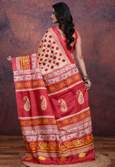 Red & White Pure Tussar Kantha Silk Saree With Blouse Piece - Adi Akshoy & Co.