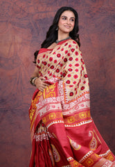 Red & White Pure Tussar Kantha Silk Saree With Blouse Piece - Adi Akshoy & Co.