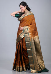 Brown Kanjivaram Silk Saree with Blouse Piece - Adi Akshoy & Co.