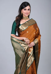 Brown Kanjivaram Silk Saree with Blouse Piece - Adi Akshoy & Co.