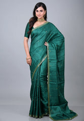 Rama Green Pure Tussar Kantha Silk Saree With Blouse Piece - Adi Akshoy & Co.