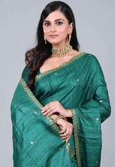Rama Green Pure Tussar Kantha Silk Saree With Blouse Piece - Adi Akshoy & Co.