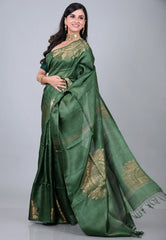 Bottle Green Pure Tussar Dhakai Jamdani Saree with Blouse Piece - Adi Akshoy & Co.