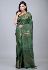 Bottle Green Pure Tussar Dhakai Jamdani Saree with Blouse Piece - Adi Akshoy & Co.