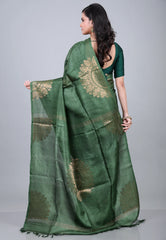 Bottle Green Pure Tussar Dhakai Jamdani Saree with Blouse Piece - Adi Akshoy & Co.