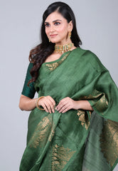 Bottle Green Pure Tussar Dhakai Jamdani Saree with Blouse Piece - Adi Akshoy & Co.