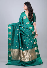 Rama Green Pure Katan Silk Saree with Blouse Piece - Adi Akshoy & Co.