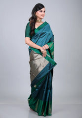 Peacock Green Pure Katan Silk Saree with Blouse Piece - Adi Akshoy & Co.