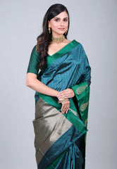 Peacock Green Pure Katan Silk Saree with Blouse Piece - Adi Akshoy & Co.