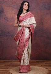 Off White Pure Tussar Kantha Silk Saree With Blouse Piece - Adi Akshoy & Co.