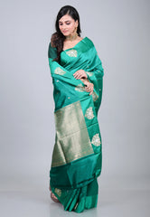 Cross Rama Green Pure Katan Silk Saree with Blouse Piece - Adi Akshoy & Co.