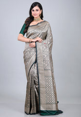 Bottle Green Shikargah Katan Silk Saree With Blouse Piece - Adi Akshoy & Co.