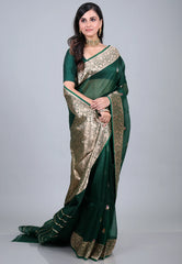 Bottle Green Pure Kora Silk Saree with Blouse Piece - Adi Akshoy & Co.