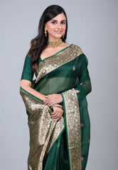Bottle Green Pure Kora Silk Saree with Blouse Piece - Adi Akshoy & Co.
