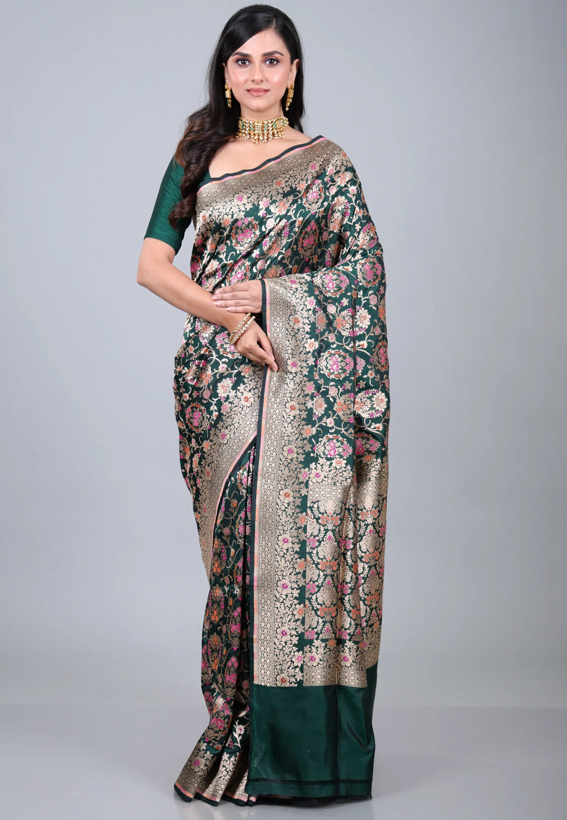 Bottle Green Pure Meena Katan Silk Saree with Blouse Piece - Adi Akshoy & Co.