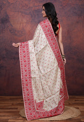 Off White Pure Tussar Kantha Silk Saree With Blouse Piece - Adi Akshoy & Co.