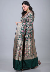 Bottle Green Pure Meena Katan Silk Saree with Blouse Piece - Adi Akshoy & Co.