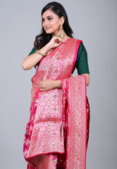 Rani Pink Pure Meena Katan Silk Saree with Blouse Piece - Adi Akshoy & Co.