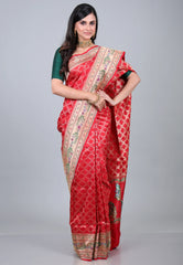 Red Pure Katan Jaal Silk Saree with Blouse Piece - Adi Akshoy & Co.