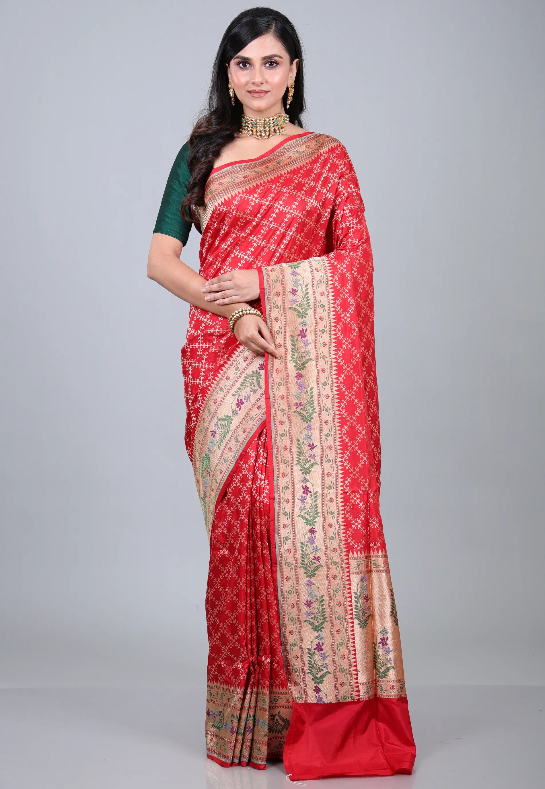 Red Pure Katan Jaal Silk Saree with Blouse Piece - Adi Akshoy & Co.