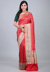 Red Pure Katan Jaal Silk Saree with Blouse Piece - Adi Akshoy & Co.