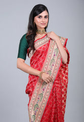 Red Pure Katan Jaal Silk Saree with Blouse Piece - Adi Akshoy & Co.