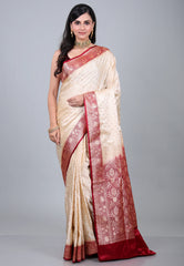 Beige Pastel Banarasi Saree With Blouse Piece - Adi Akshoy & Co.