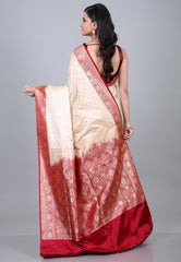 Beige Pastel Banarasi Saree With Blouse Piece - Adi Akshoy & Co.