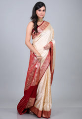 Beige Pastel Banarasi Saree With Blouse Piece - Adi Akshoy & Co.