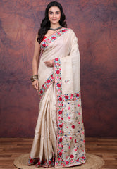 Off White Pure Tussar Parshi Work Silk Saree with Blouse Piece - Adi Akshoy & Co.